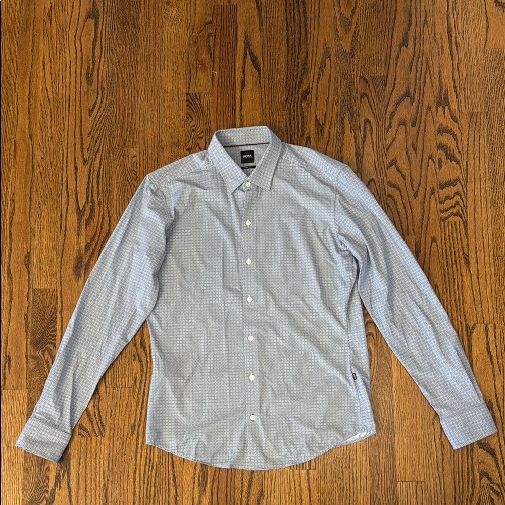 Boss Blue White Print Sharp Fit Long Sleeve Stretch Jersey Button Down Shirt M